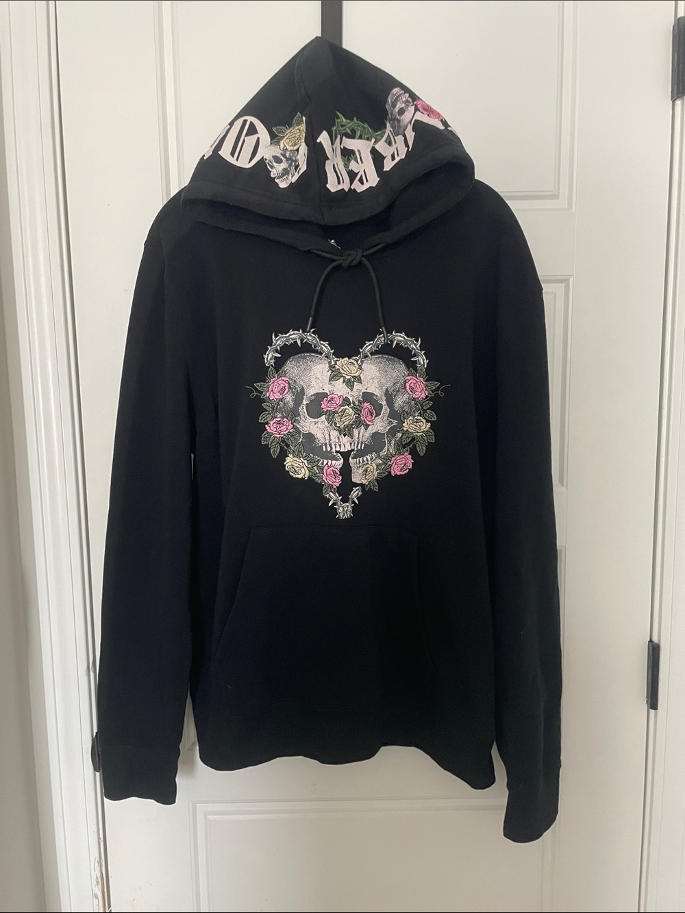 Members Only Black Knit Hoodie Skulls inside Floral Heart Dark Romance Grunge XL
